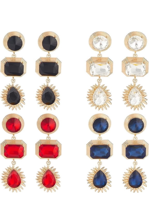 4 Pairs Rhinestone Statement Drop Dangle Earrings Chandelier Rectangle Teardrop Red Black Vintage Wedding Earrings for Women DIY