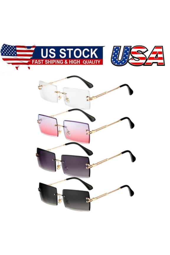 4 Pairs Rimless Rectangle Sunglasses Vintage Transparent Eyewear for Women Men