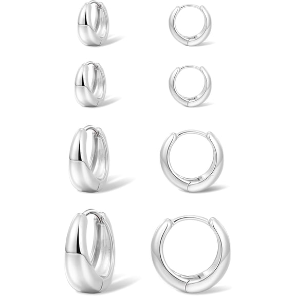 4 Pairs S925 Silver Plated Chunky Huggie Hoop Earrings Set Dainty Lightweight Cartilage Sleep Hoops