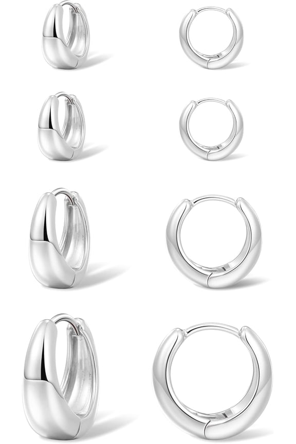 4 Pairs S925 Silver Plated Chunky Huggie Hoop Earrings Set Dainty Lightweight Cartilage Sleep Hoops