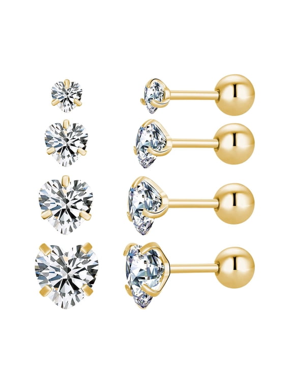 4 Pairs Screw Back Star Heart Square Round CZ Stud Earrings Set, 18K Gold Plated Surgical Stainless Cartilage Helix Stud Earrings 3-6mm