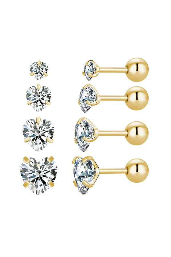 4 Pairs Screw Back Star Heart Square Round CZ Stud Earrings Set, 18K Gold Plated Surgical Stainless Cartilage Helix Stud Earrings 3-6mm