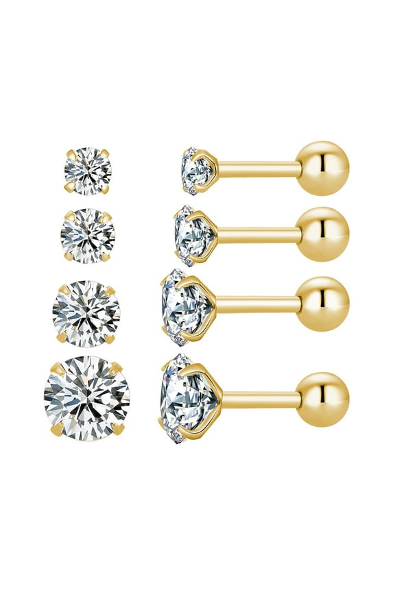 4 Pairs Screw Back Star Heart Square Round CZ Stud Earrings Set, 18K Gold Plated Surgical Stainless Cartilage Helix Stud Earrings 3-6mm