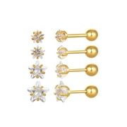 JUSTJANDM 4 Pairs Screw Back Star Heart Square Round CZ Stud Earrings Set, 18K Gold Plated Surgical Stainless Cartilage Helix Stud Earrings 3-6mm