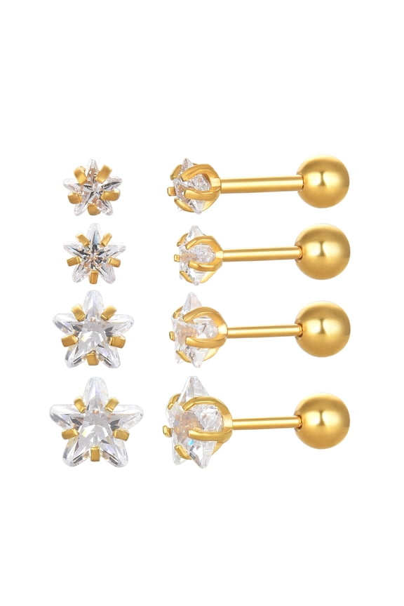 4 Pairs Screw Back Star Heart Square Round CZ Stud Earrings Set, 18K Gold Plated Surgical Stainless Cartilage Helix Stud Earrings 3-6mm