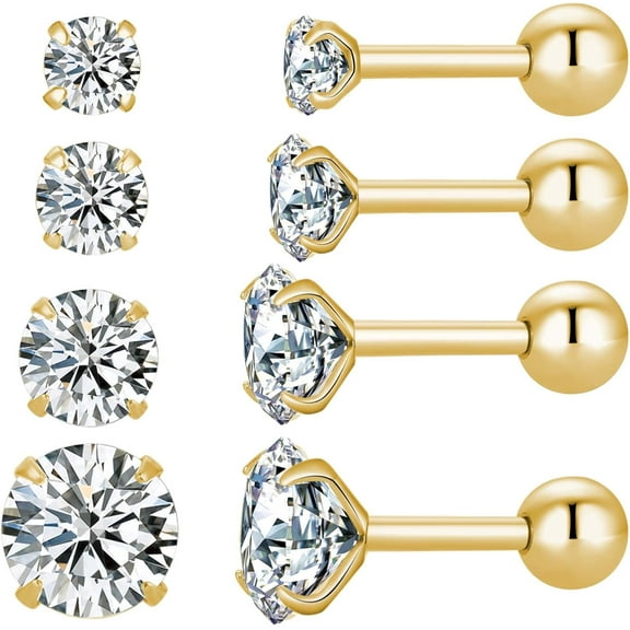 4 Pairs Screw Back Surgical Stainless Steel Stud Earrings, Gold Plated Silver Heart Star Square Princess Cut Round CZ Cubic Zirconia Stud Earrings Set