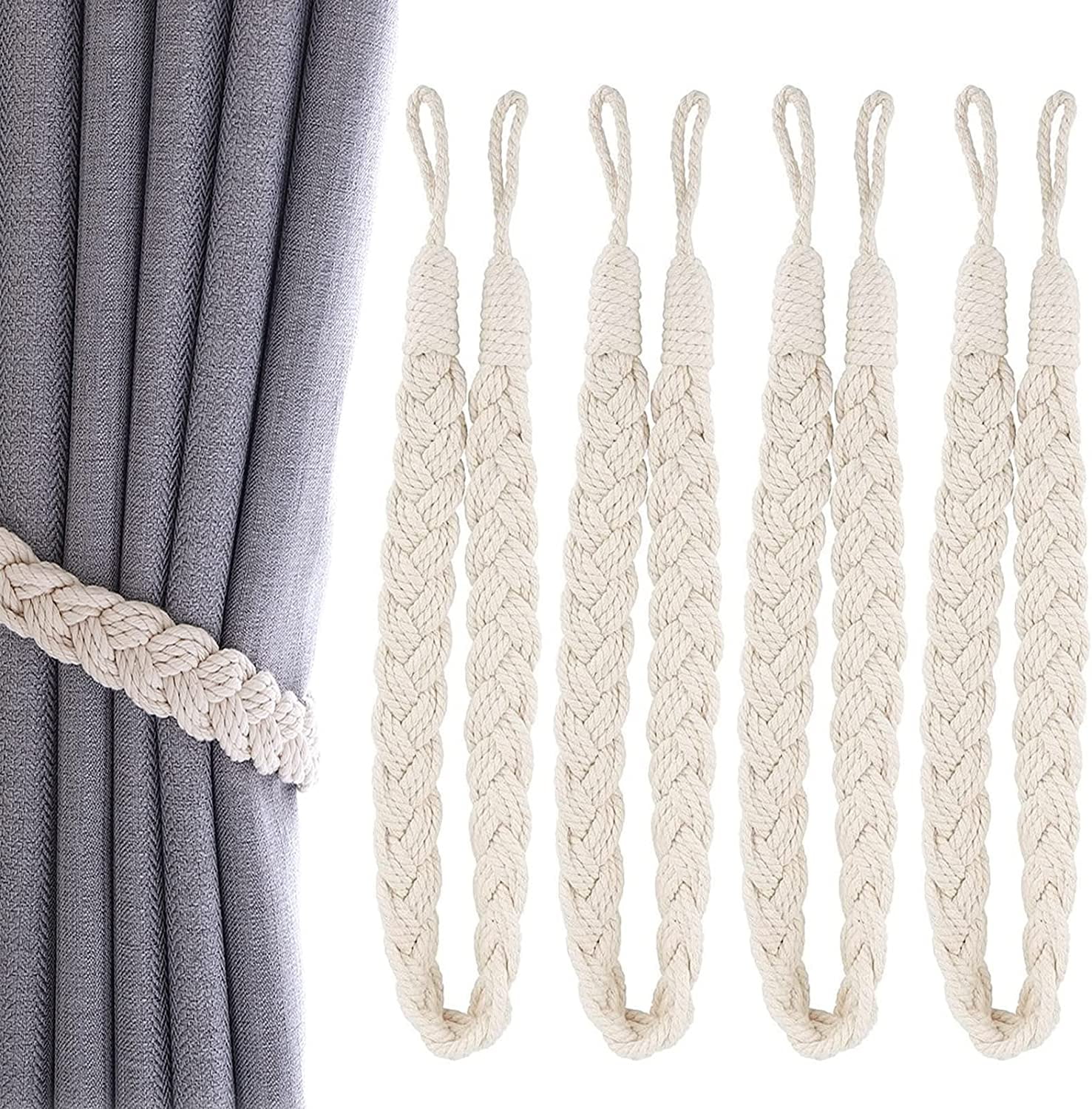 4 Pairs Silver grey tiebacks for curtains, braided curtain tiebacks tie