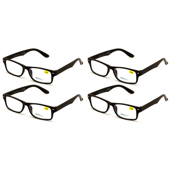 4 Pairs Simple Basic Reading Glasses Blue Blocker Black - Computer Anti Fatigue UV Protection Reader +1.25