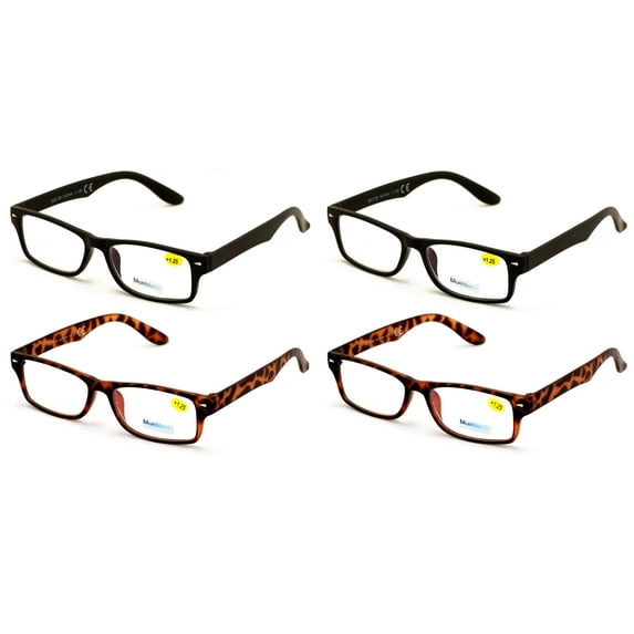 4 Pairs Simple Basic Reading Glasses Blue Blocker Black - Computer Anti Fatigue UV Protection Reader +1.50