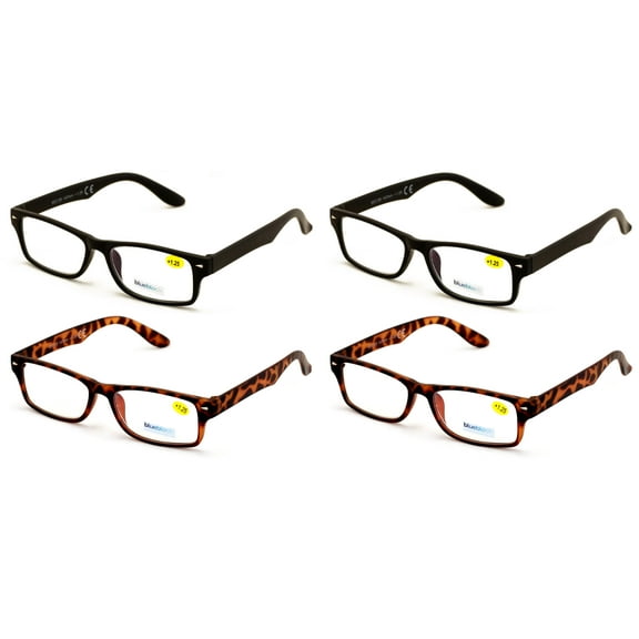 4 Pairs Simple Basic Reading Glasses Blue Blocker Black - Computer Anti Fatigue UV Protection Reader +1.50