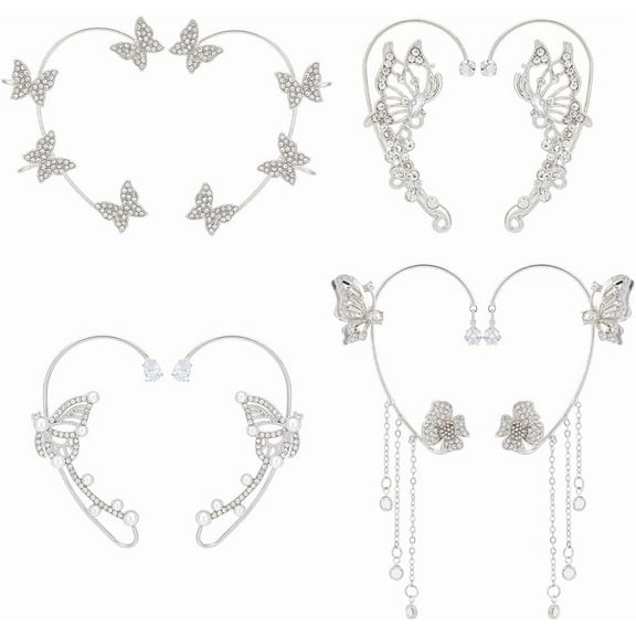 4 Pairs Sliver Butterfly Rhinestone Cuff Earrings for Women Pierced Earrings Clip On Earrings Ladies Butterfly Ear Cuffs Rhinestone Silver Wrap Crawler Earrings Non Piercing Gray