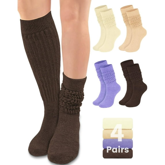 4 Pairs Slouch Socks for Women with Cushioned, Warm Extra Long Scrunch Cotton Knit Knee High Socks, Bulk Boot Socks