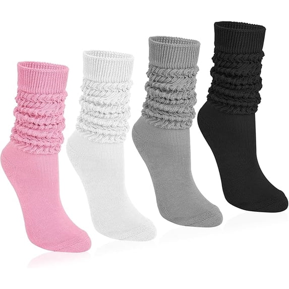 4 Pairs Slouchy Socks for Women, Scrunch Boot Long Knee High Knit Tube Athletic Slouch Socks for Woman