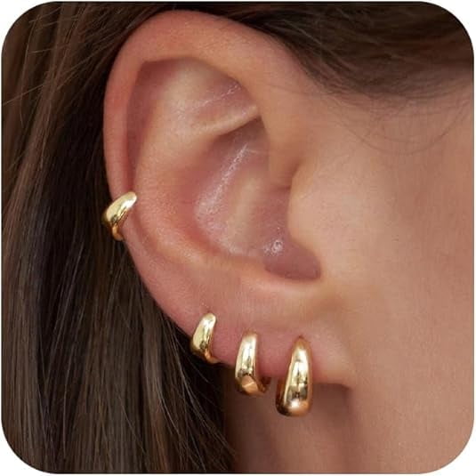 4 Pairs Small Gold Huggie Hoop Earrings for Women - Chunky 14K Gold Plated Lightweight Hypoallergenic Earring Stacks Cartilage Hoop Earrings Set for Multiple Piercing Trendy Jewelry