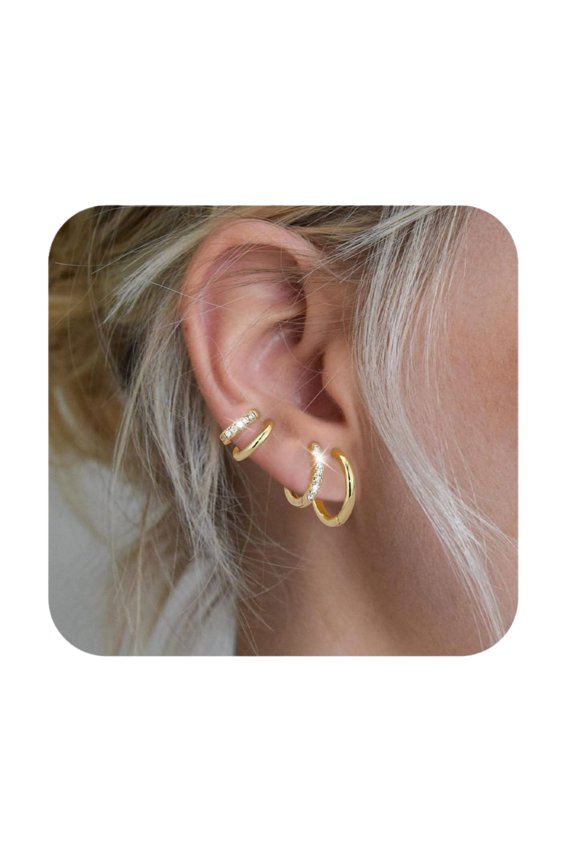 Small Gold Plated Hoop Earrings for Women, 14K Gold Plated Huggie Hoop Earrings Set Thick Huggies 4 Pairs Women Gifts for Mom