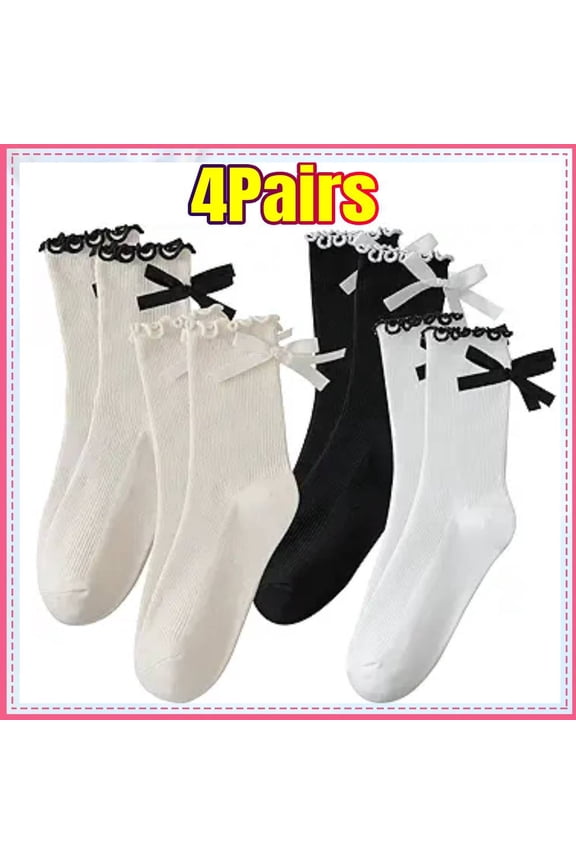 4 Pairs Socks Women's Bow Socks Ruffle Casual Crew Black White Soft Breathable Cotton