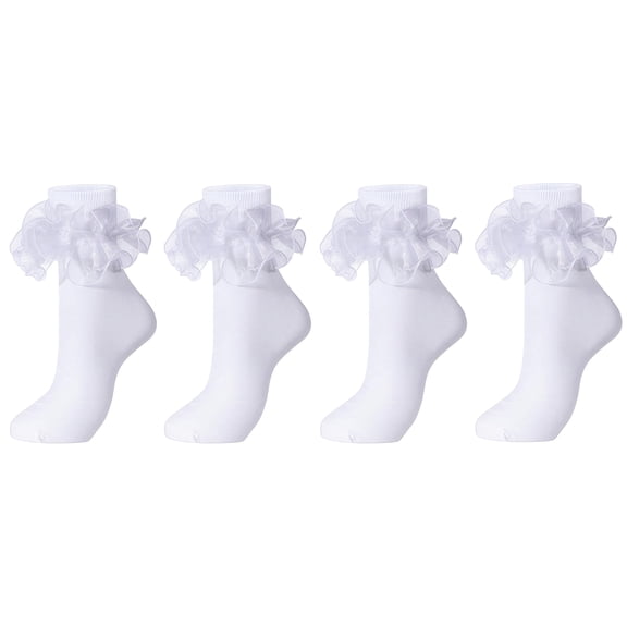 4 Pairs Socks for Women, Big Ruffle Socks with Turn Cuff and Double Lace