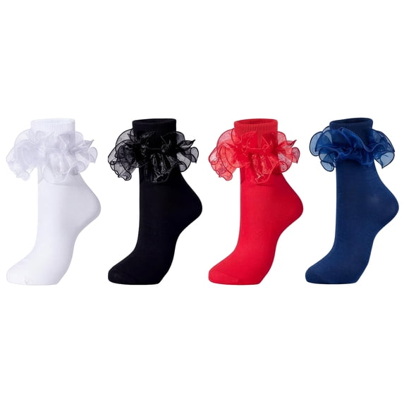 4 Pairs Socks for Women, Big Ruffle Socks with Turn Cuff and Double Lace