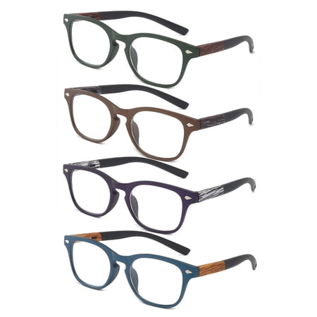 4 Pairs Square Reading Glasses Wood Grain Spring Hinges Readers