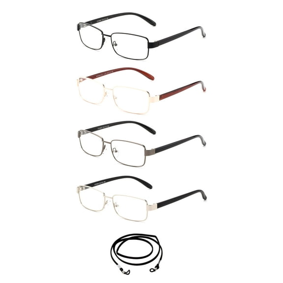 4 Pairs - Squared Thin Frame Temple Metal Reading Glasses with Landyard, +1.25