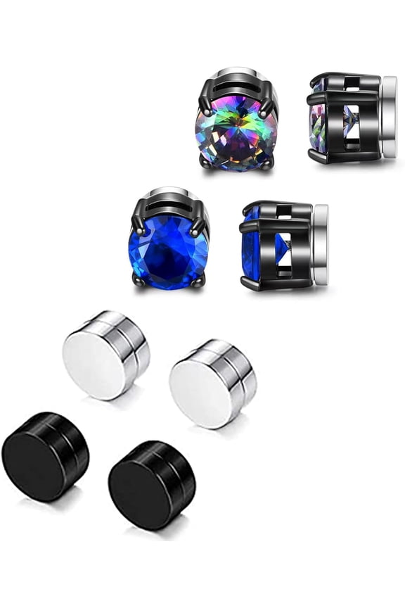 4 Pairs Stainless Steel Clip on Earrings - Non Piercing, Unisex CZ Magnetic Earrings for Men 6MM[z500]