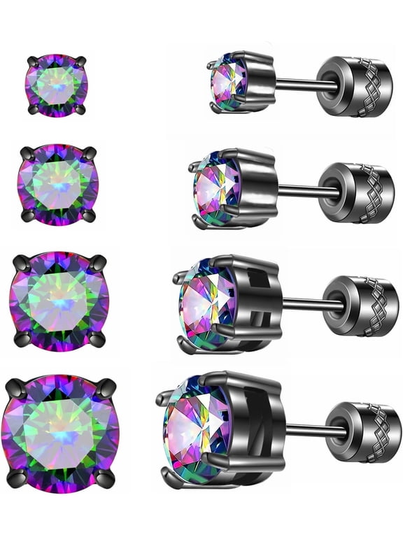 4 Pairs Titanium Hypoallergenic Earrings for Sensitive Ears,Rainbow 5A Cubic Zirconia Screw Back Stud Earrings for Women Men Surgical Stainless Steel Double Side Earrings Piercing