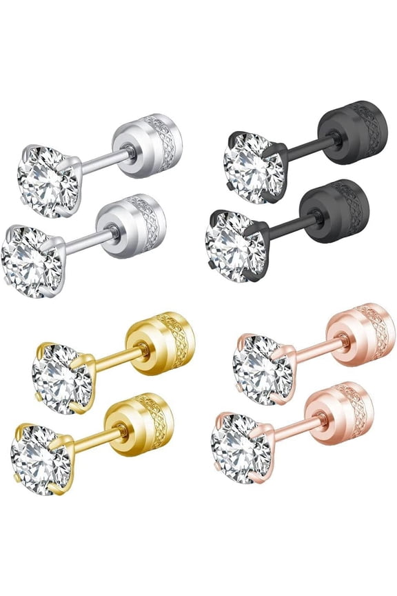 4 Pairs Titanium Screw Back Round Stud Earrings Set for Women Men, Hypoallergenic Surgical Stainless Steel Double Sided Cubic Zirconia Earrings for Sensitive Ears