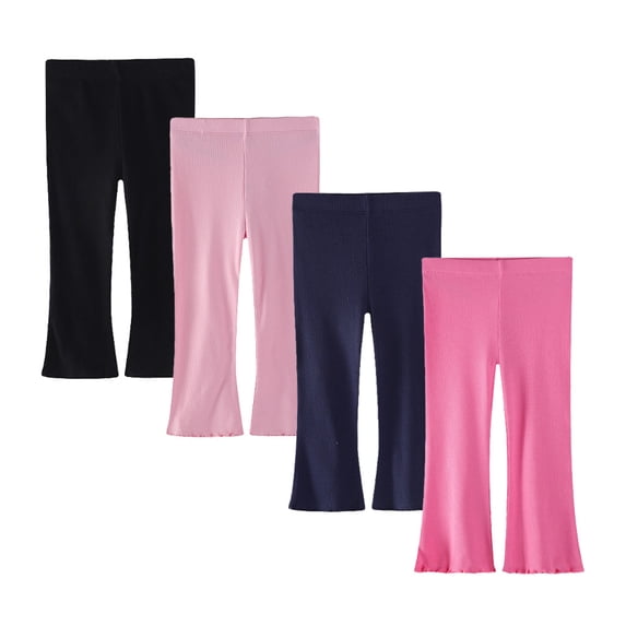 4 Pairs Toddler & Little Girl Flare Leggings, Bell Bottom Style in Gentle Ribbed Cotton with Ruffle Trim, Perfect for Layering from Baby to 7