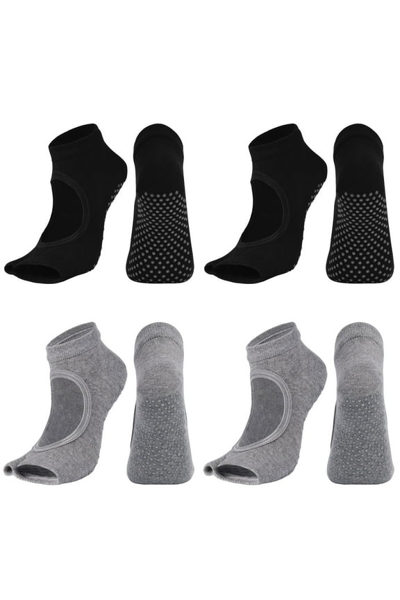 4 Pairs Toeless Yoga Socks for Women Non-Slip Grip Socks Cotton Open Toe Women Sports Socks for Ballet, Pilates, Dance ,Barefoot Workout ,Size 5-9