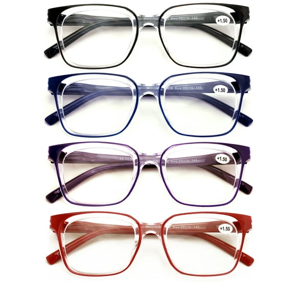 4 Pairs Transparent Reading Color Glasses - Spring Hinge Comfortable Clear Reader DR08 +1.50