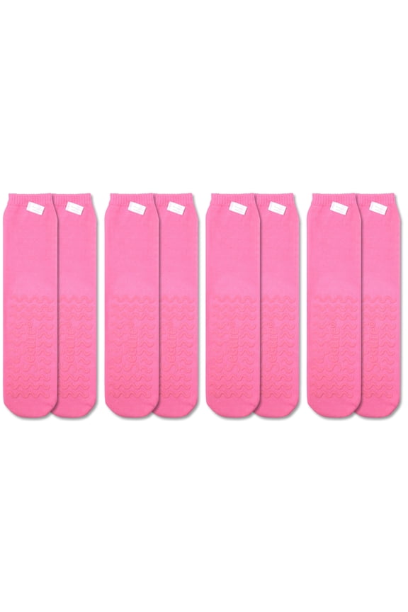 4 Pairs of Ultra Soft Non-Slip Grip Slipper Socks, Pink - Fall Injury Prevention Hospital Sock for Safety, Comfort and Warmth - All Around Tread Pattern