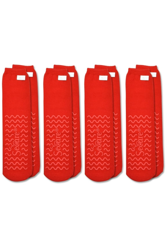 4 Pairs of Ultra Soft Non-Slip Grip Slipper Socks, Red - Fall Injury Prevention Hospital Sock for Safety, Comfort and Warmth - All Around Tread Pattern