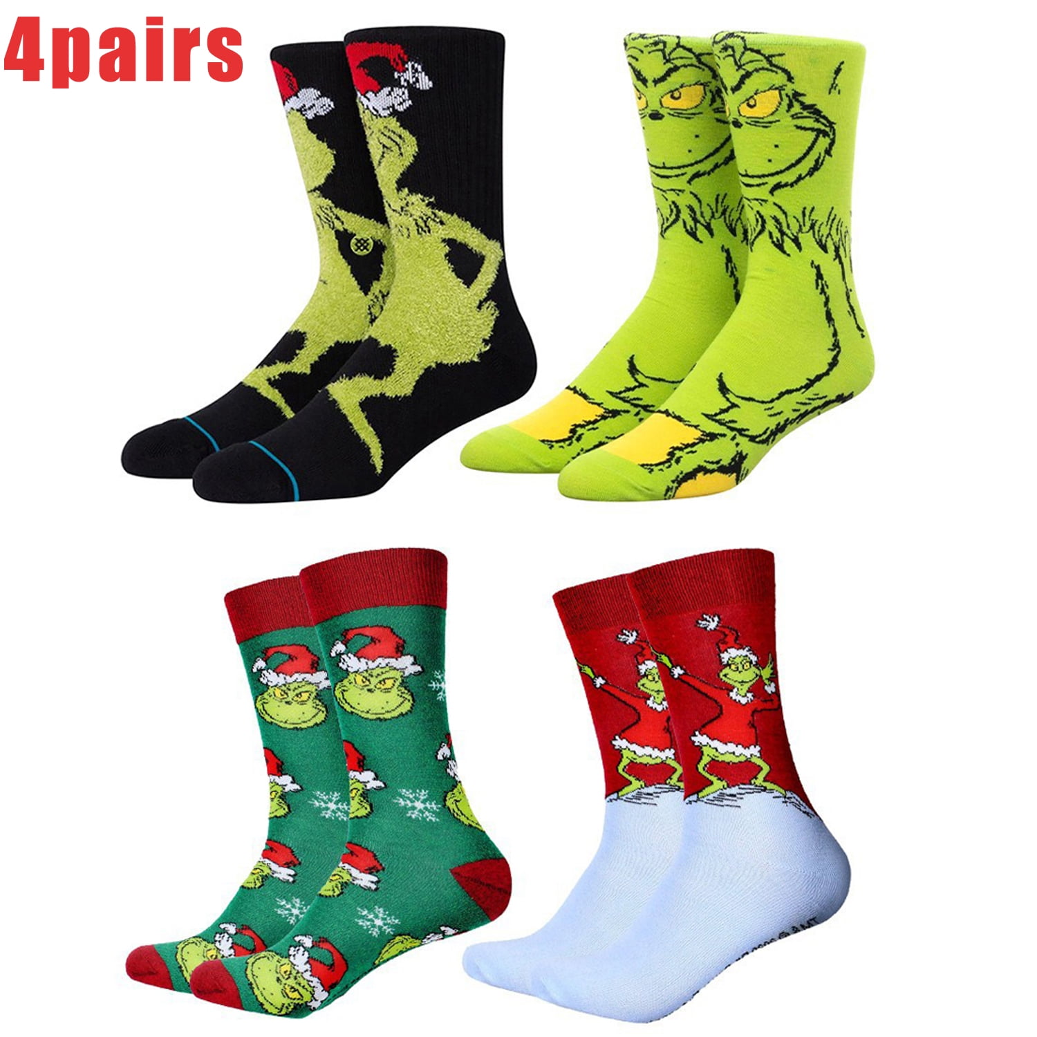 4 Pairs Unisex Christmas Grinch Socks Xmas Gift - Walmart.com