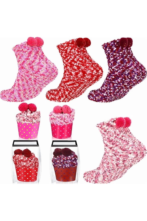 4 Pairs Valentine's Day Cupcake Socks Gifts for Women Girl, Fuzzy Fluffy Sock DIY Present Socks Birthday Holiday Party Christmas Gifts
