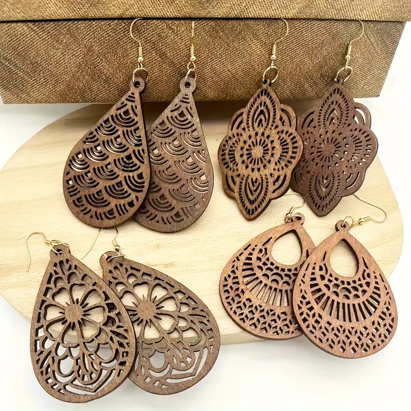 4 Pairs Vintage-Inspired Carved Flower Pattern Dangle Earrings - Elegant Retro Style, Delicate Wooden Design, Ideal Female Gift