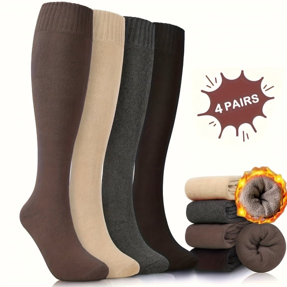 4 Pairs Warm Knee High Socks for Women, Soft Thick Stocking for Cold Weather, Thermal Womens Long Casual Winter Gifts Socks for Hiking Skiing