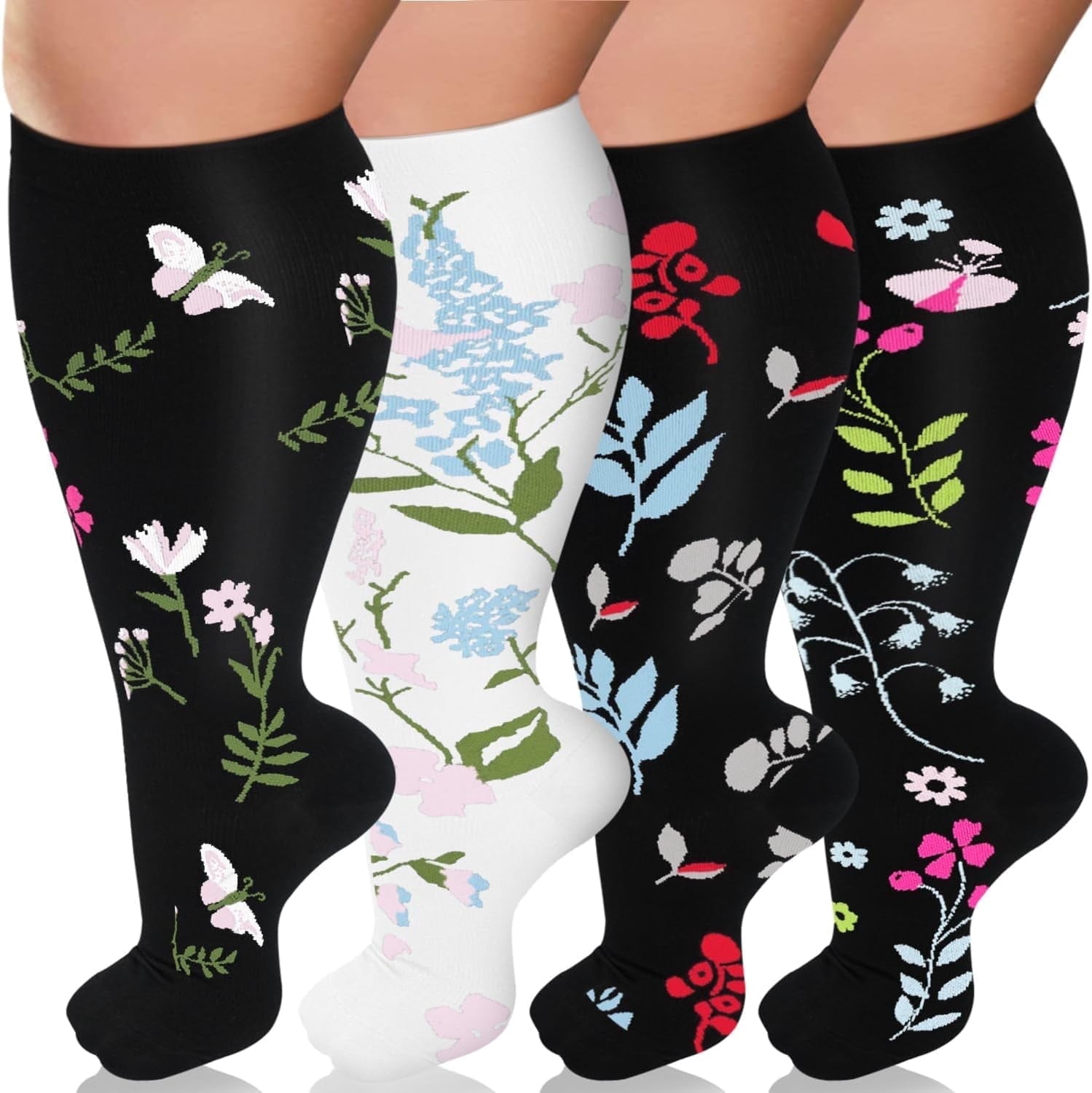 4 Pairs Wide Calf Compression Socks for Women Men Circulation  Plus Size Knee High Support Stockings for Circulation , Nurses , Running ,4XL