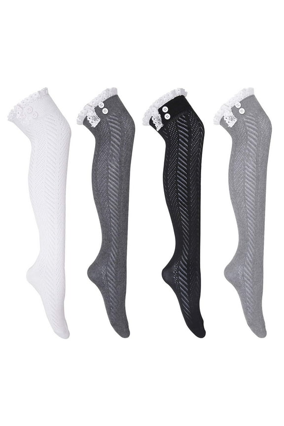 4 Pairs Winter Women's Extra Long Button Boot Socks with Lace Trim Over the Knee Thigh High Lace Stockings