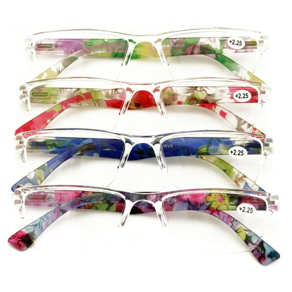 4 Pairs Women Lightweight Rectangular Floral Reading Glasses - Clear Lens Flower Reader +2.25