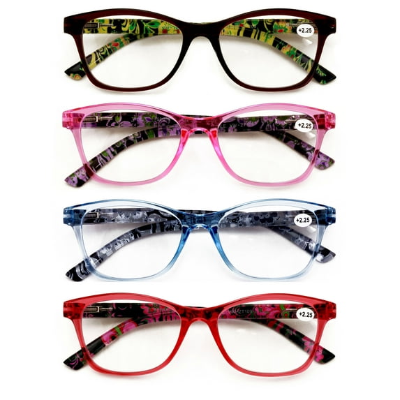4 Pairs Women Neon Floral Reading Glasses - Lightweight Wide Fitment Clear Readers ZT109 +2.00