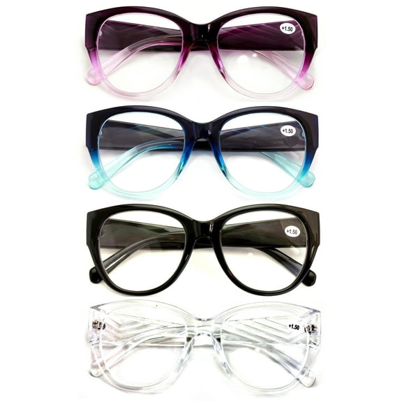 4 Pairs Women Oversized Bold Round Reading Glasses - Clear Readers - DR10 +3.00