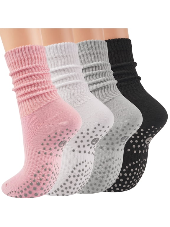 Womens Non‑Skid Socks, Anti‑Fall Grip Socks for Pregnant, Postpartum & Seniors,Eldyly,Suitable for Yoga, Pilates and Ballet,4 Pairs