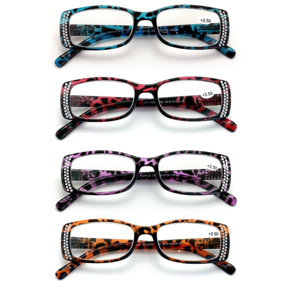 4 Pairs Women Rectangular Rhinestones Reading Glasses - Female Fashion Leopard Clear Lens Readers Demi Tortoise +3.75