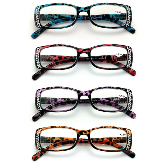 4 Pairs Women Rectangular Rhinestones Reading Glasses - Female Fashion Leopard Clear Lens Readers Demi Tortoise +3.75