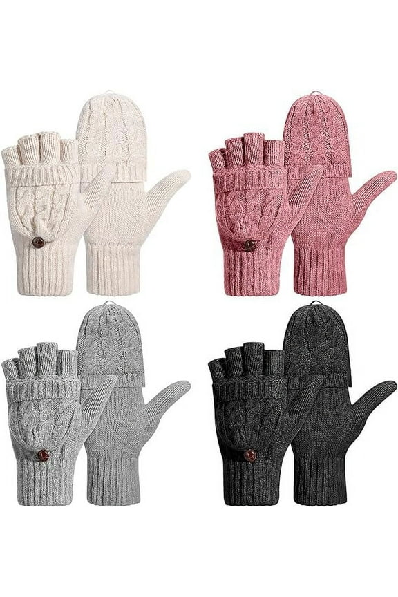 4 Pairs Women Winter Convertible Gloves Fingerless Mittens Knit Flip Wool Gloves Warm Half Finger Gloves with Cover