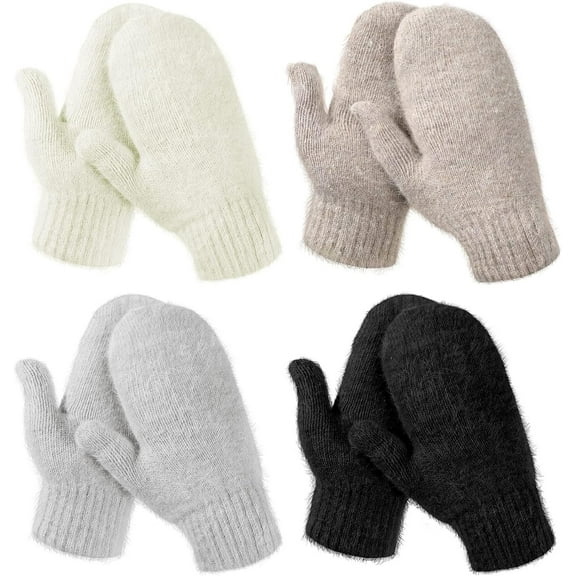4 Pairs Women Winter Mittens for Women Adult Ladies Mittens Knitted Gloves Warm Fleece Mittens Double Wool Gloves