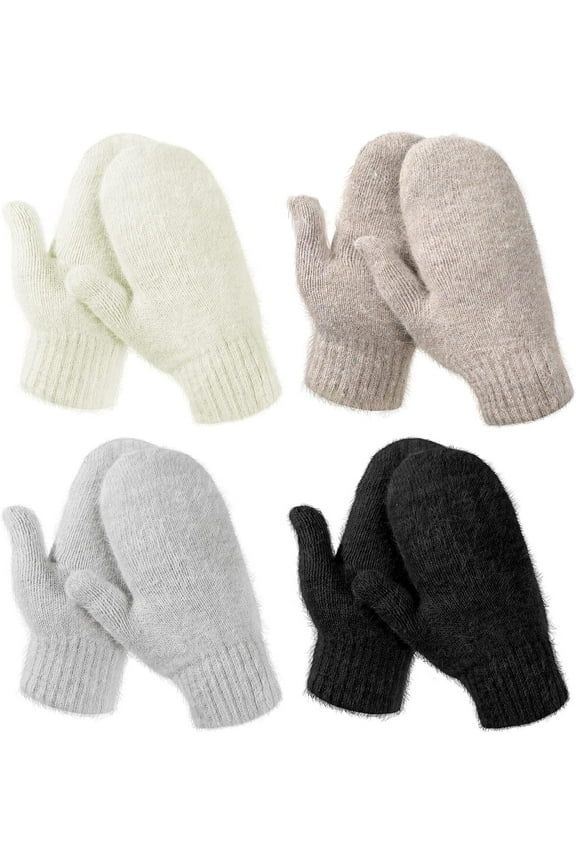 4 Pairs Women Winter Mittens for Women Adult Ladies Mittens Knitted Gloves Warm Fleece Mittens Double Wool Gloves