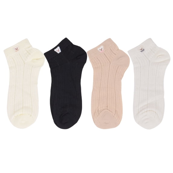 4 Pairs Women's Ankle Mesh Socks with Bear Embroidery Lightweight Breathable Knit and Elastic Cuffs - 4 pairs-C