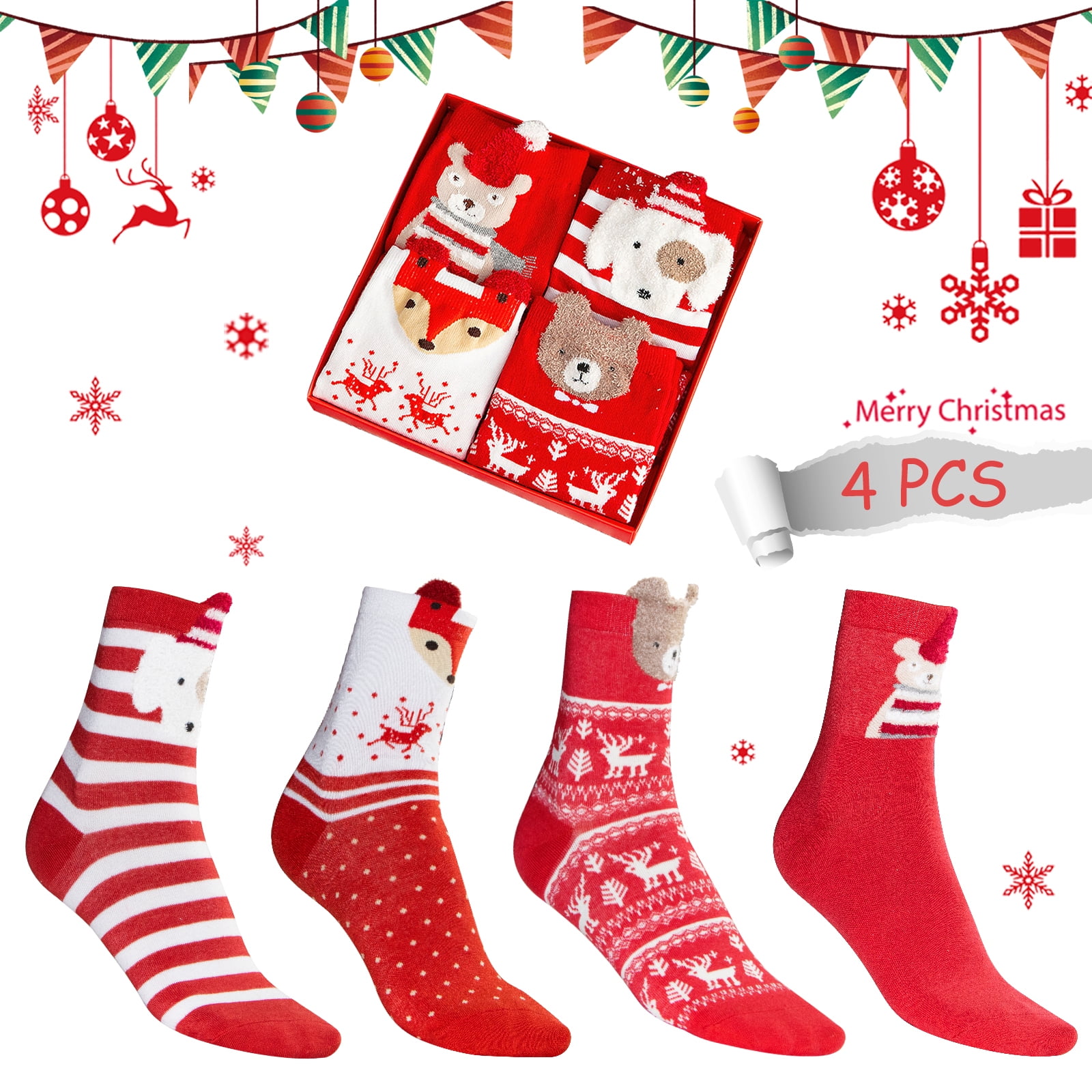 4 Pairs Women's Christmas Socks, Winter Holiday Xmas Soft Socks with