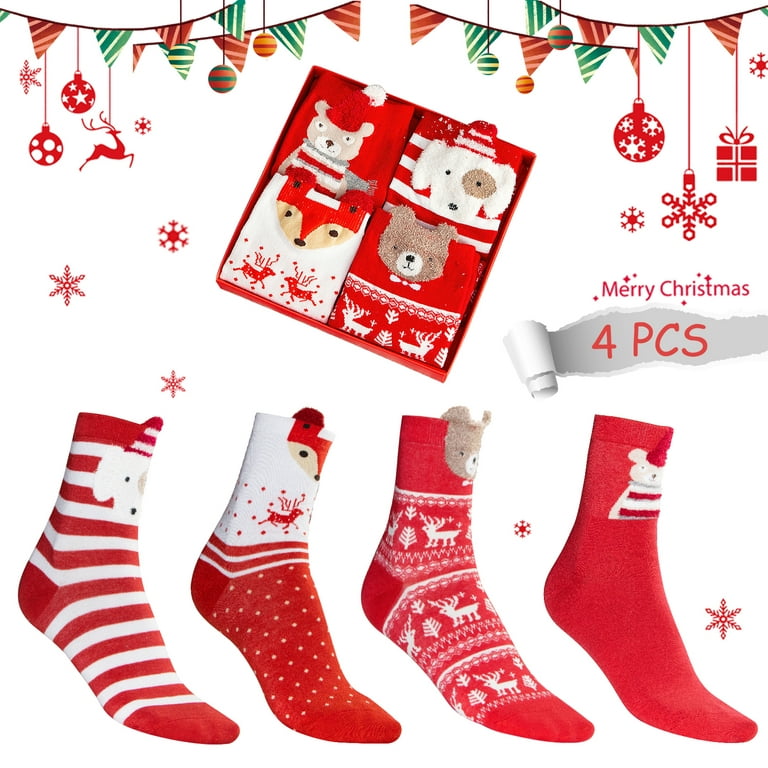 4 Pairs Women's Christmas Socks, Winter Holiday Xmas Soft Socks with Gift  Box, Cotton Knit Xmas Calf Socks-B 